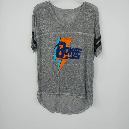 David Bowie women's gray burnout V neck lightning bolt graphic T shirt