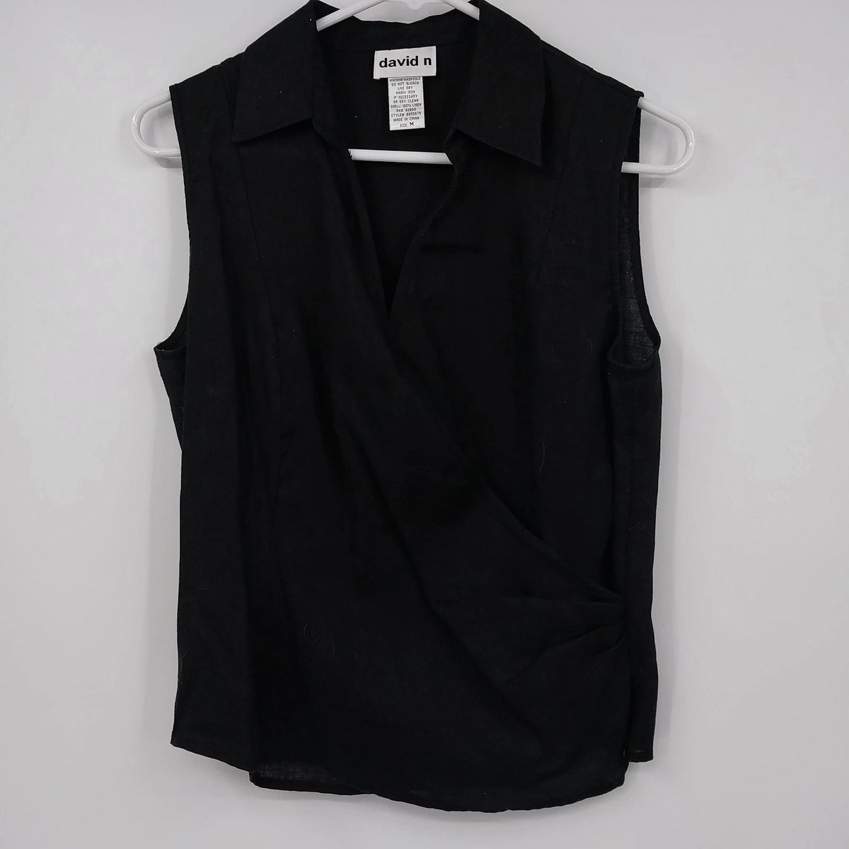 David N women's black linen sleeveless wrap blouse size medium