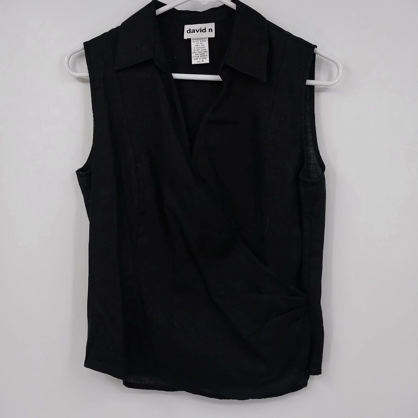 David N women's black linen sleeveless wrap blouse size medium