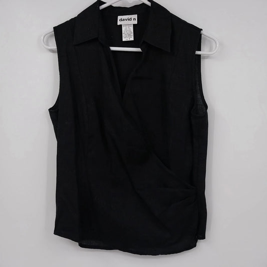 David N women's black linen sleeveless wrap blouse size medium