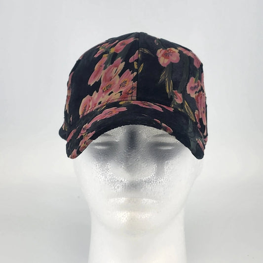 David and Young black velour baseball cap with pink floral print