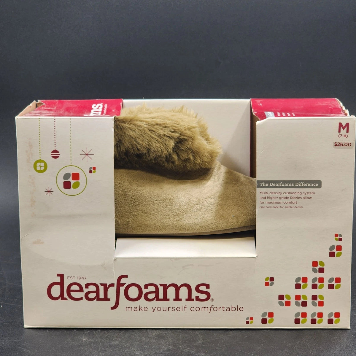 Dearfoams Women's Memory Foam Slippers Tan Heather Medium 7-8 Fur Trim