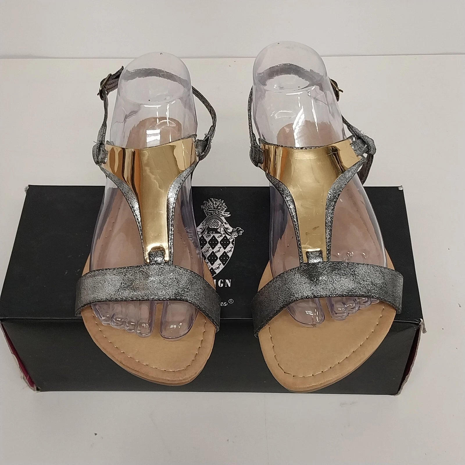 Design By Jacobies Darlene-5 pewter and gold ankle strap sandals