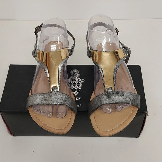 Design By Jacobies Darlene-5 pewter and gold ankle strap sandals