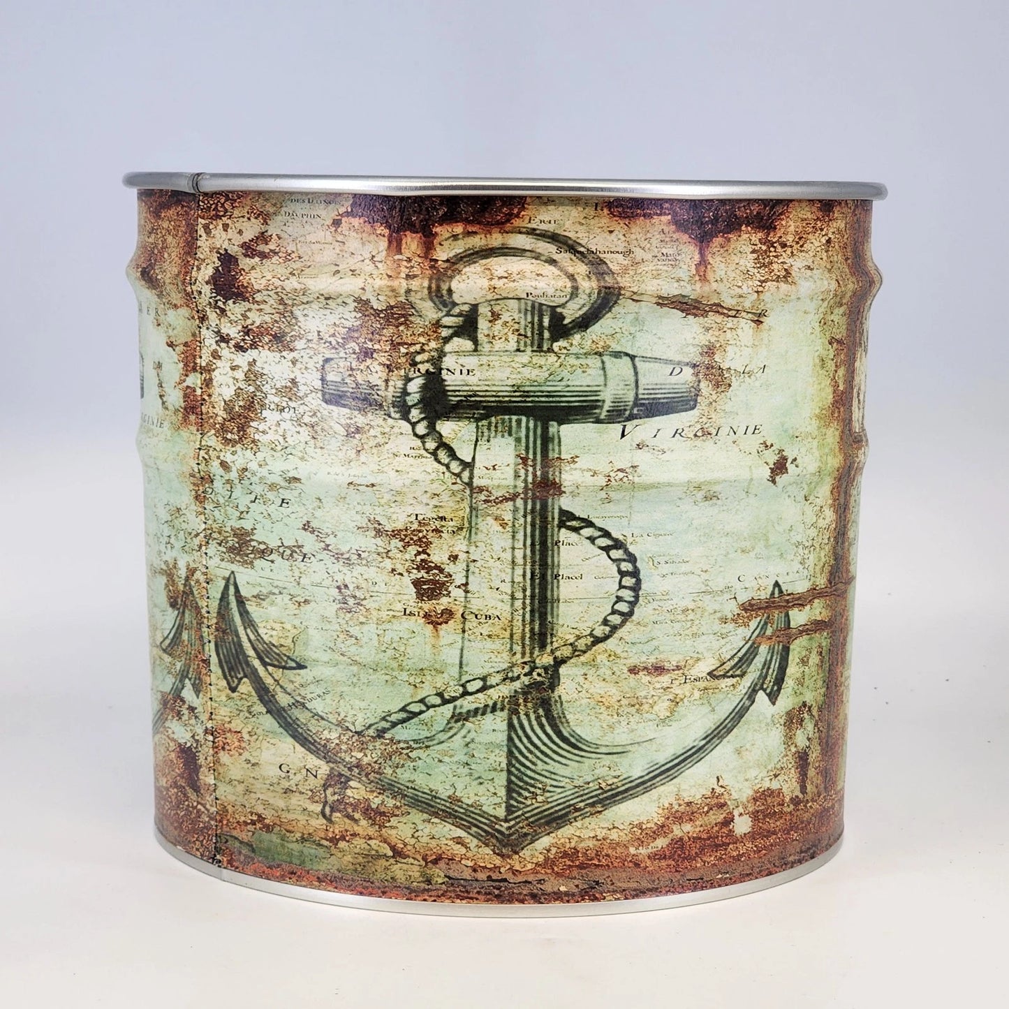 Metal ice bucket with Old World map and nautical anchor design