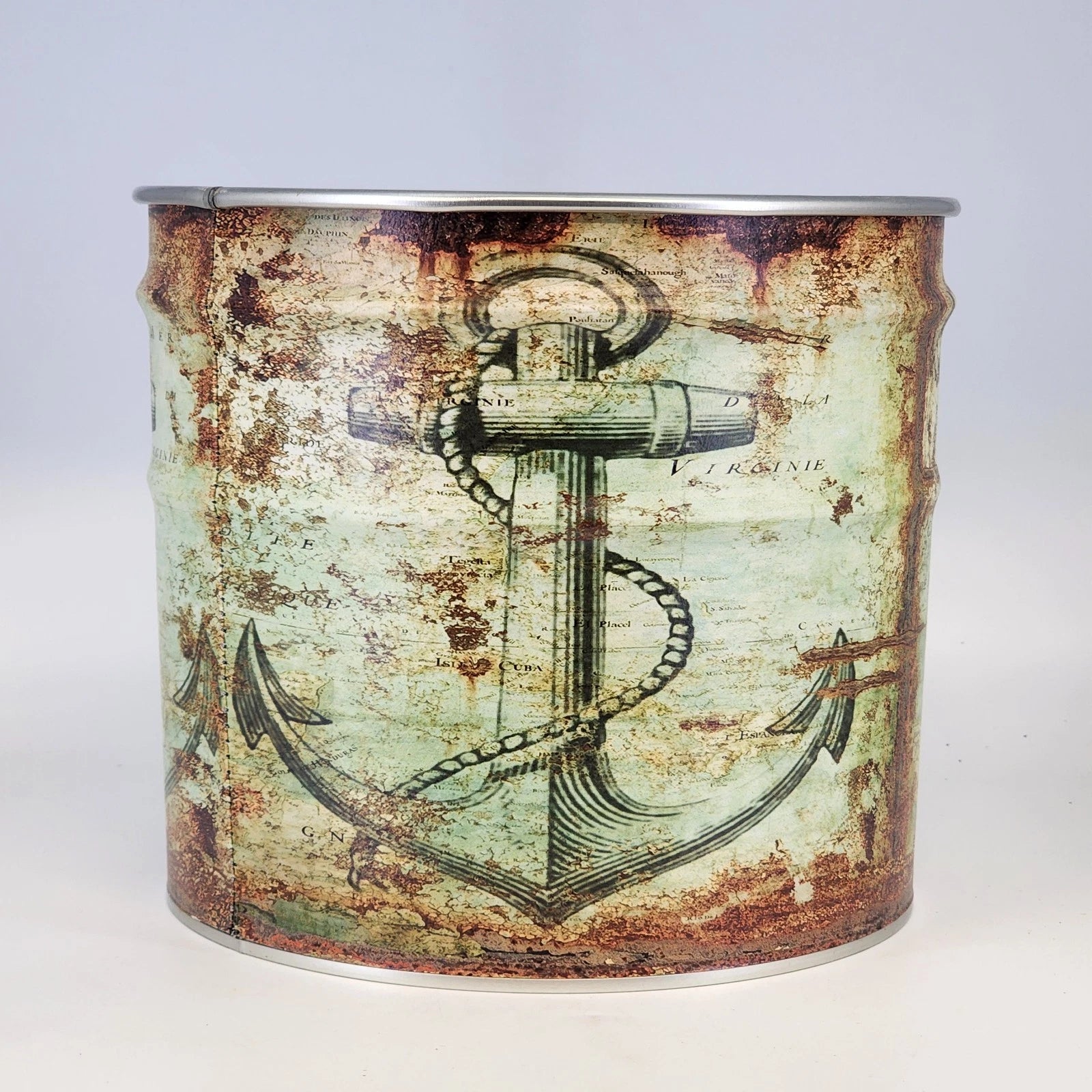 Metal ice bucket with Old World map and nautical anchor design