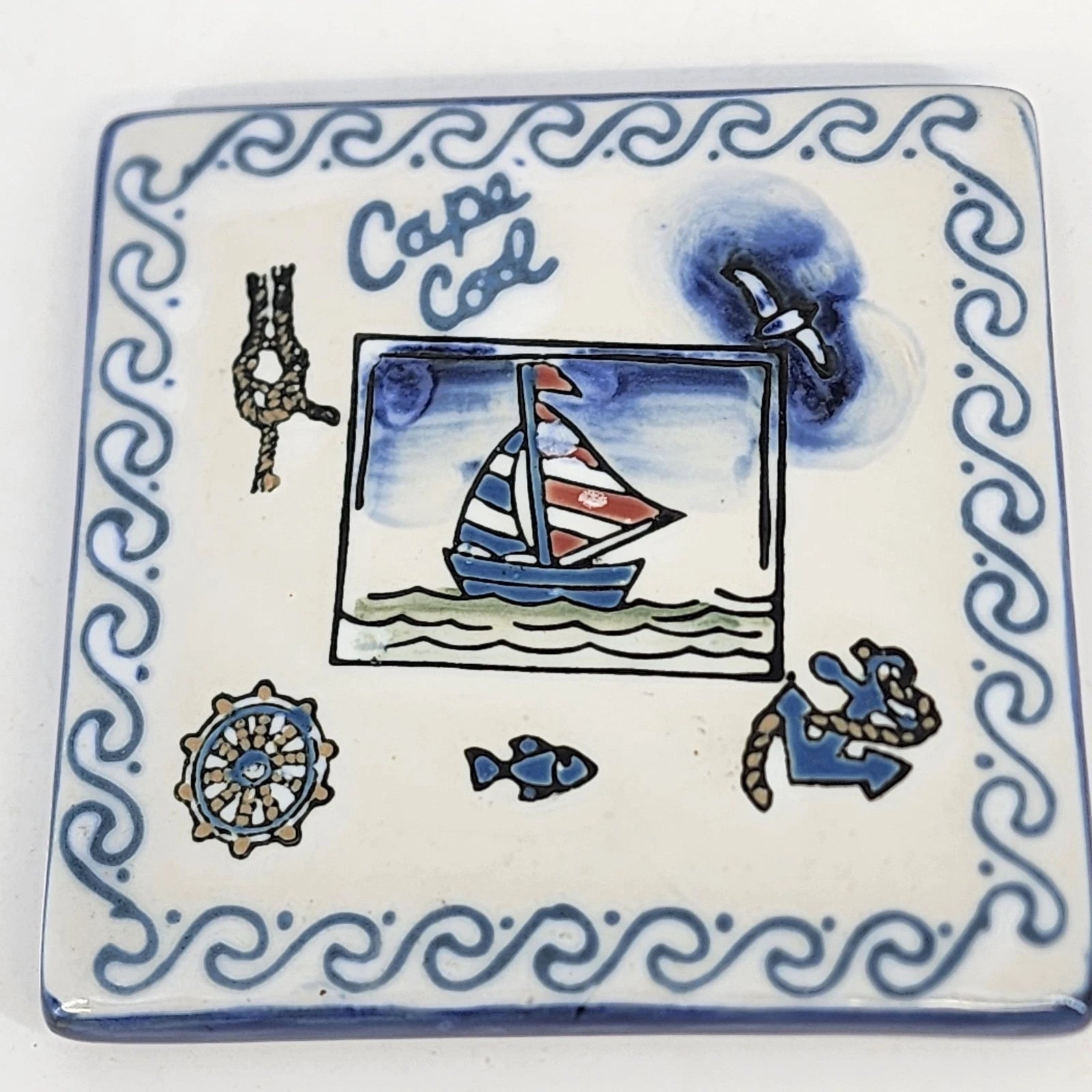Set of hand painted Cape Cod ceramic trivet tiles by Diane Artware