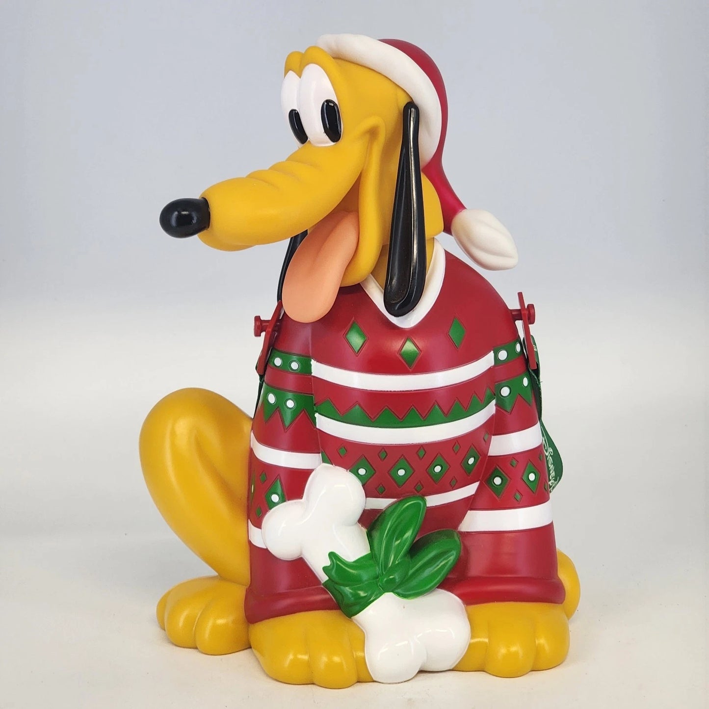 Disney Pluto popcorn bucket with Christmas sweater and Santa hat
