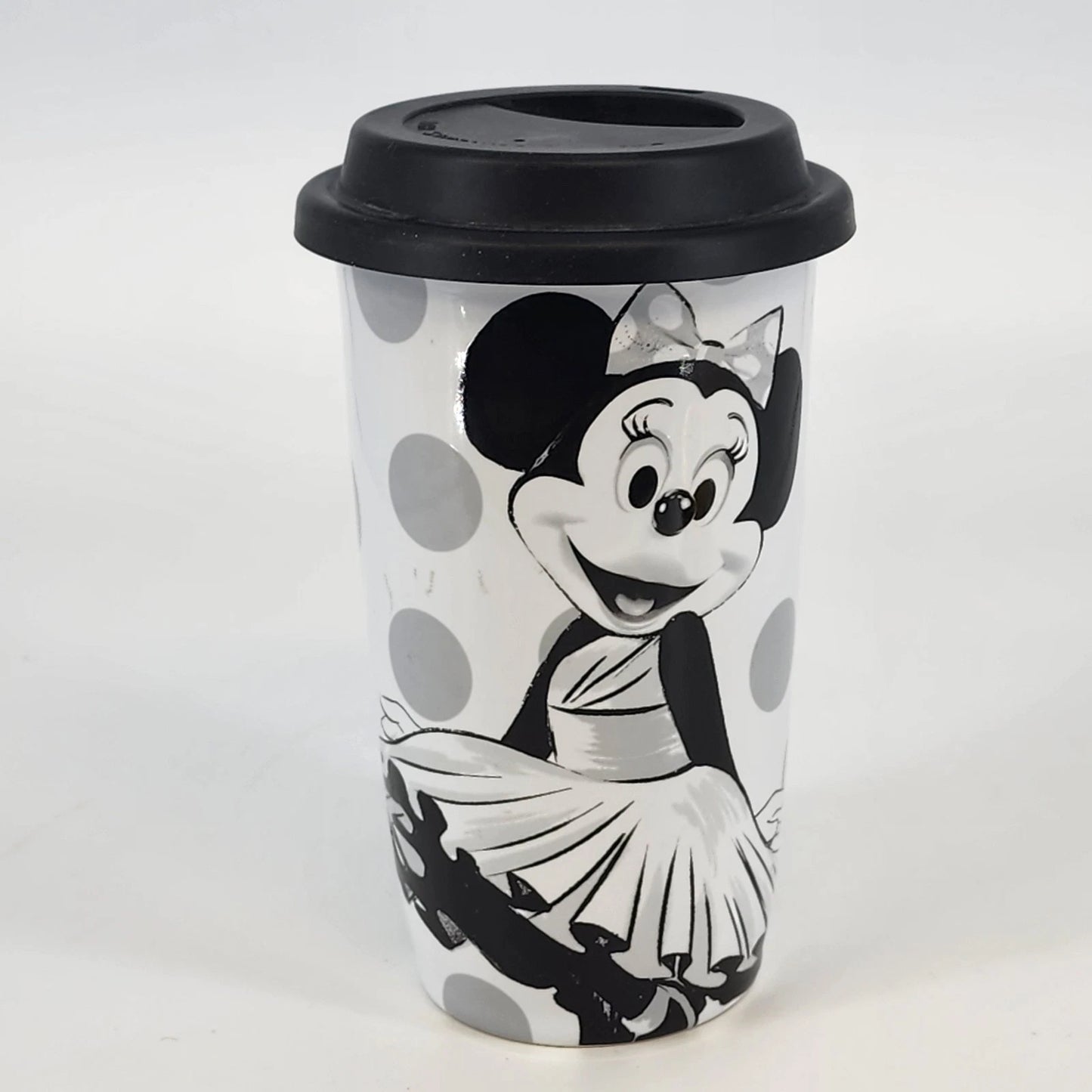Black and white Disney Minnie Mouse ceramic travel tumbler with silicone lid