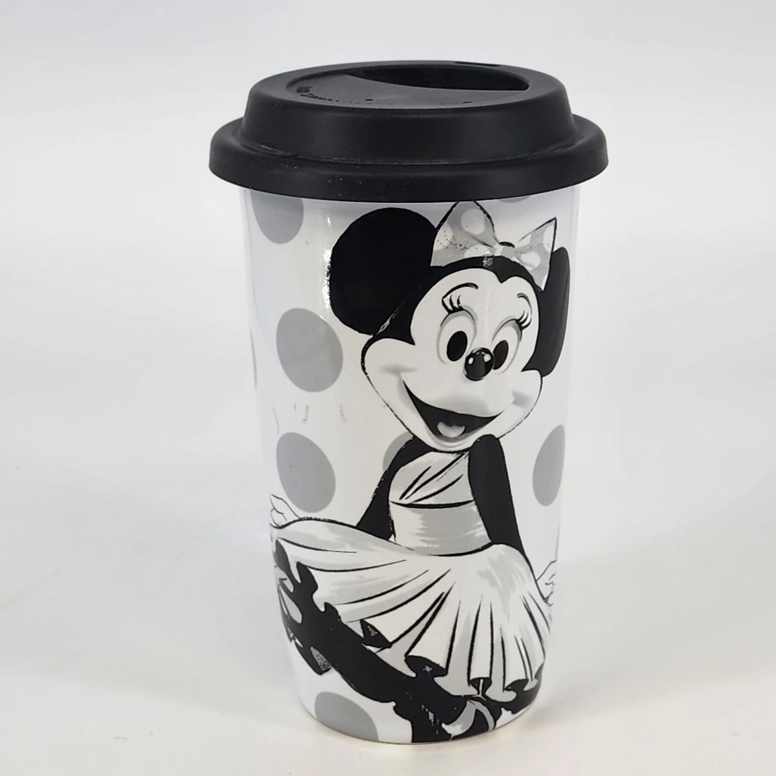 Black and white Disney Minnie Mouse ceramic travel tumbler with silicone lid