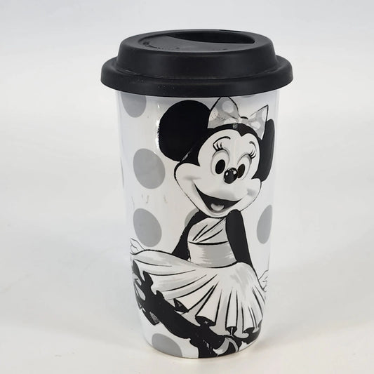 Black and white Disney Minnie Mouse ceramic travel tumbler with silicone lid