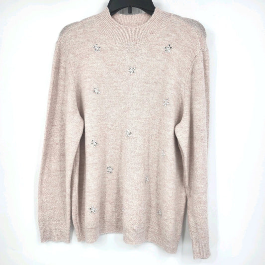 ELLE women's XL blush pink sweater with floral embellishments and shimmer