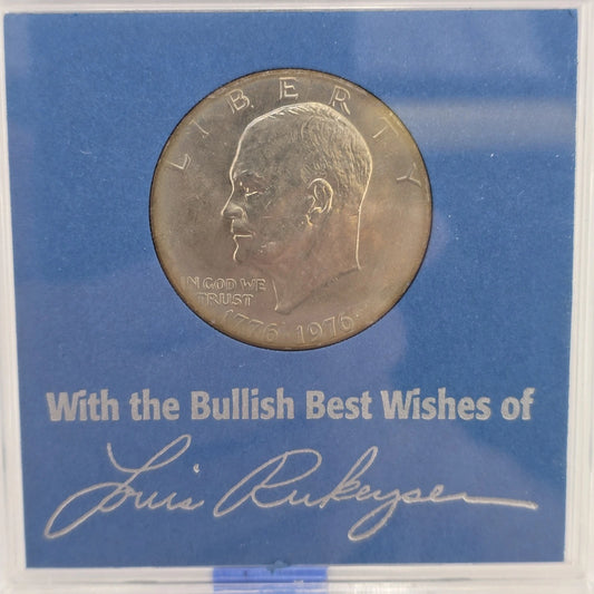 1976 Eisenhower Bicentennial dollar coin in blue commemorative Louis Rukeyser holder