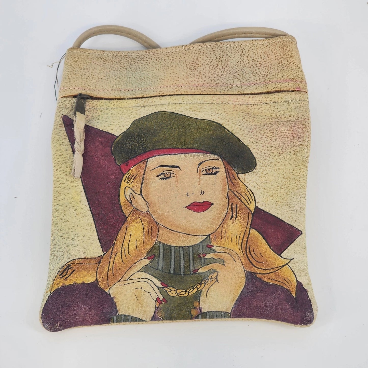 Hand painted leather satchel with pretty lady graphic art