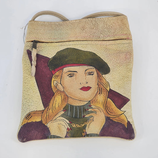 Hand painted leather satchel with pretty lady graphic art