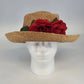 Vintage beige Eric Javits Squishee sun hat with woven rose brim detail and hatpin