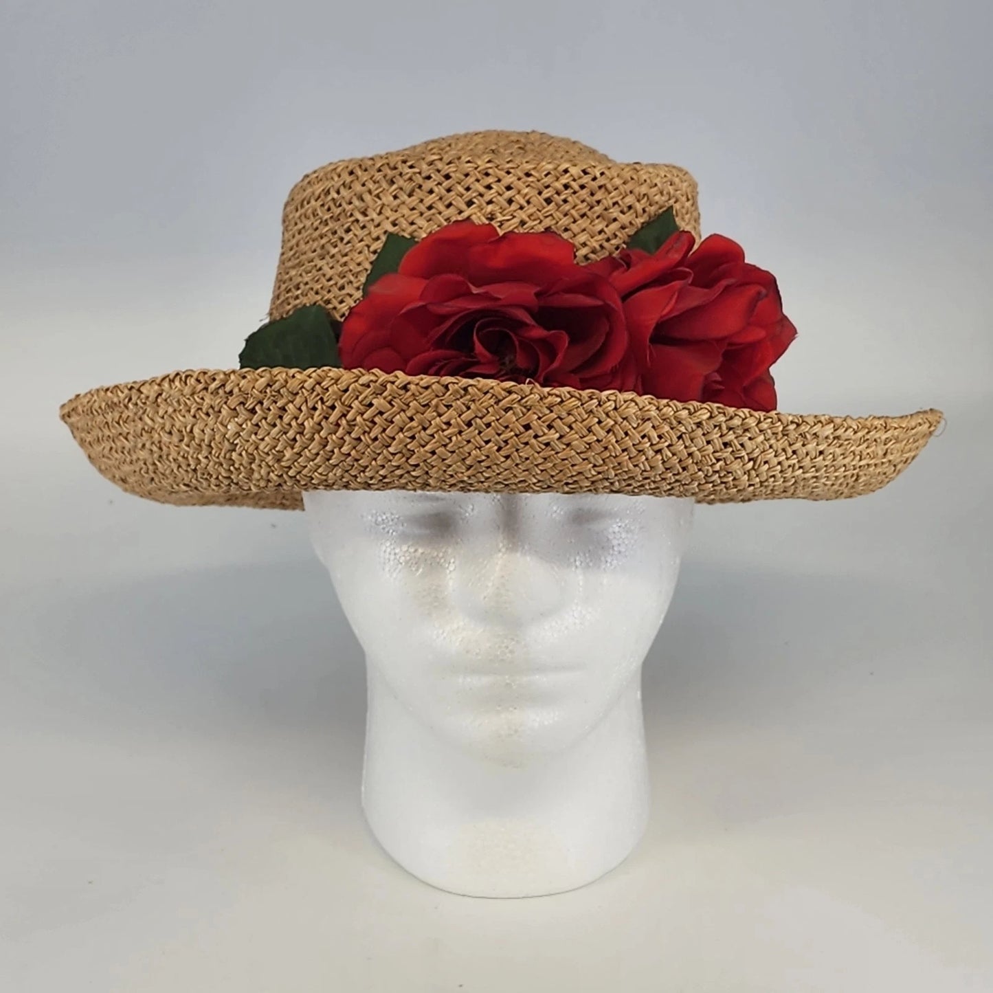 Vintage beige Eric Javits Squishee sun hat with woven rose brim detail and hatpin