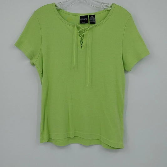 Erika Petite lime green rib knit top with lace-up neckline and short sleeves