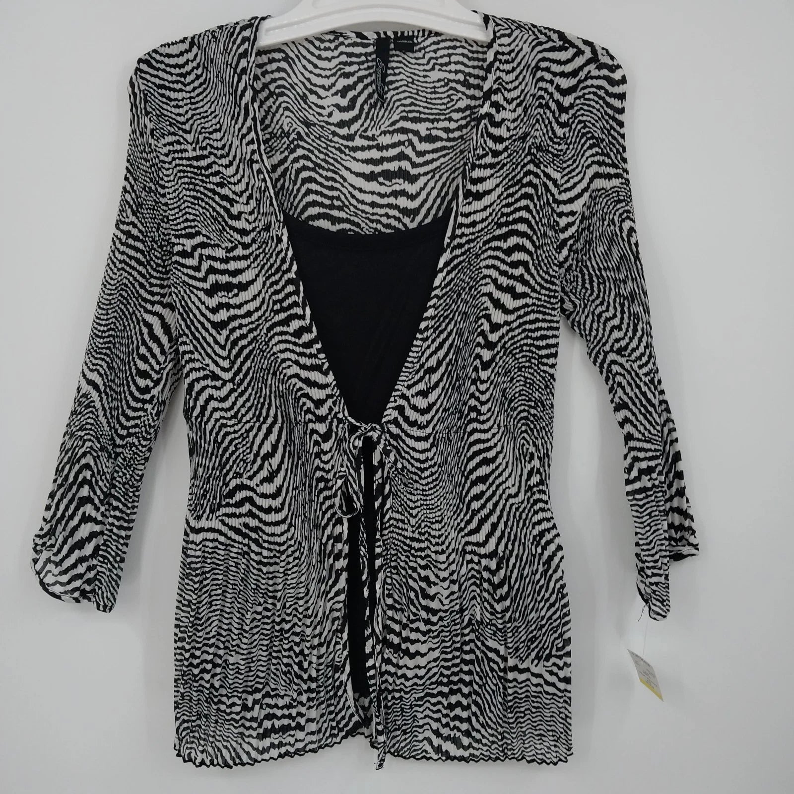 Essentials by Milano black and white zebra print pleated blouse with front tie