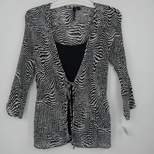 Essentials by Milano black and white zebra print pleated blouse with front tie