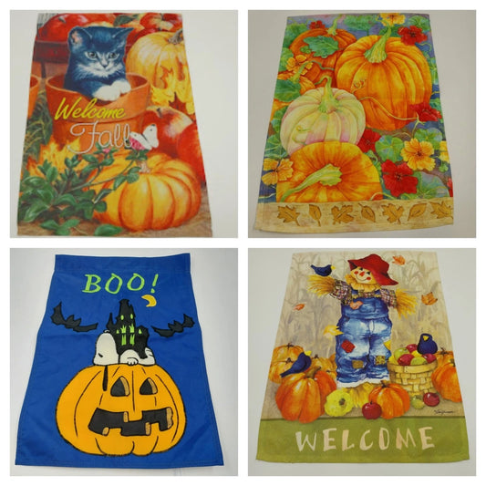 Set of four fall Halloween mini garden flags with pumpkin designs