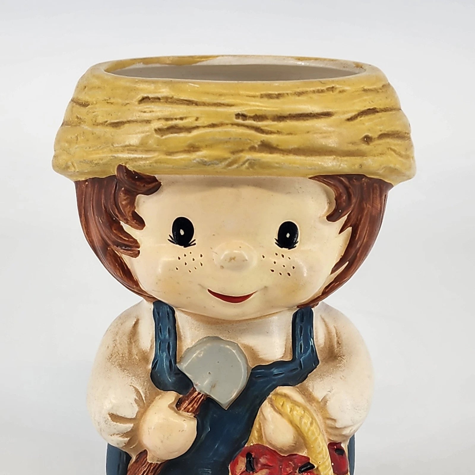Vintage farmer boy ceramic head vase planter with straw hat