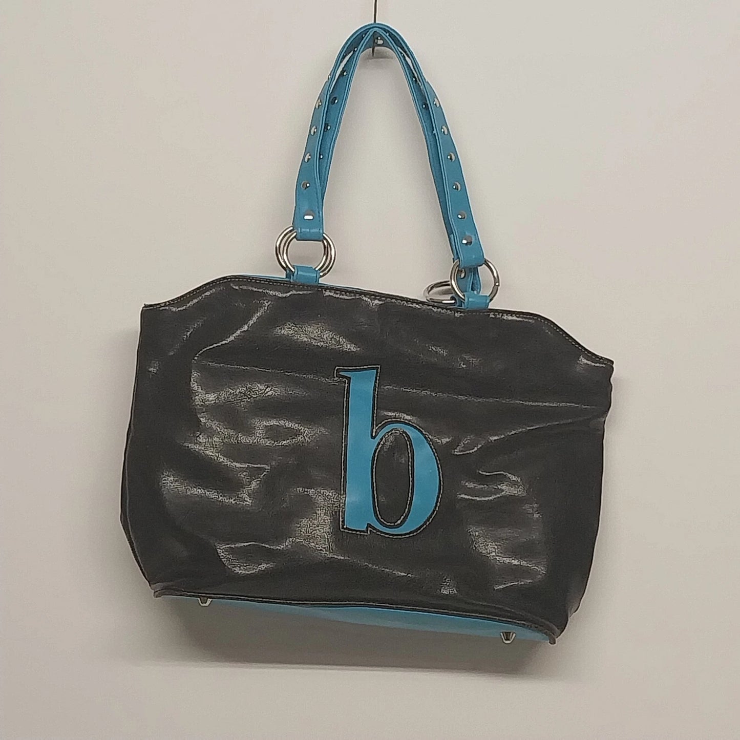 Black Fashion Express tote bag with blue shoulder straps and stitched logo detail