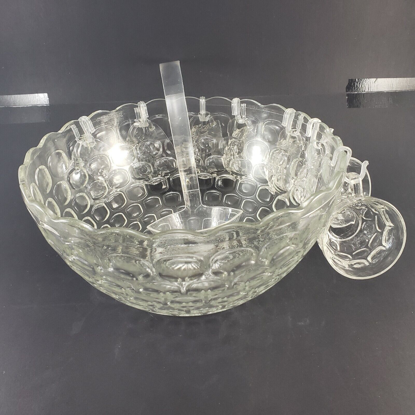 Vintage iridescent thumbprint glass punch bowl set with cups and ladle