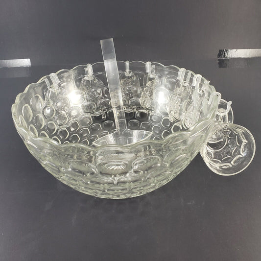 Vintage iridescent thumbprint glass punch bowl set with cups and ladle