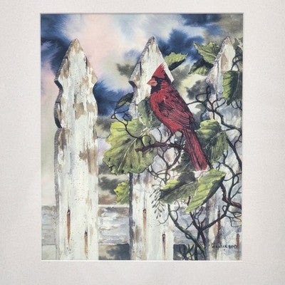 Michael Capser Fenceline Friend cardinal print in matted wooden frame