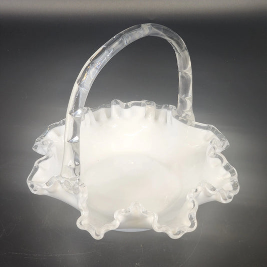 Fenton Silver Crest milk glass basket with ruffled edge and handle