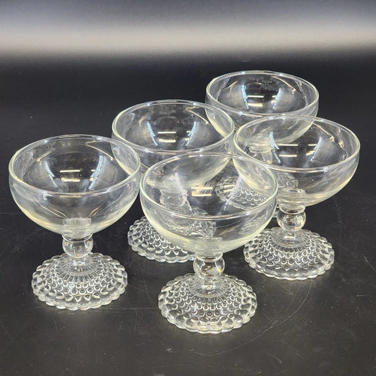Set of 5 Anchor Hocking bubble foot champagne glasses clear glass