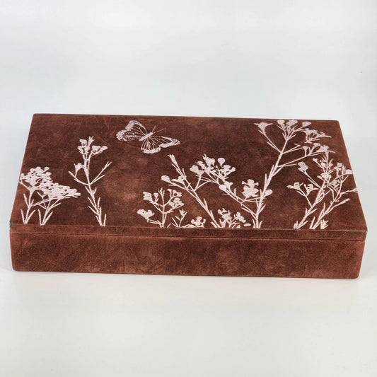Brown felt jewelry box with floral embroidery pink felt lining and mirror