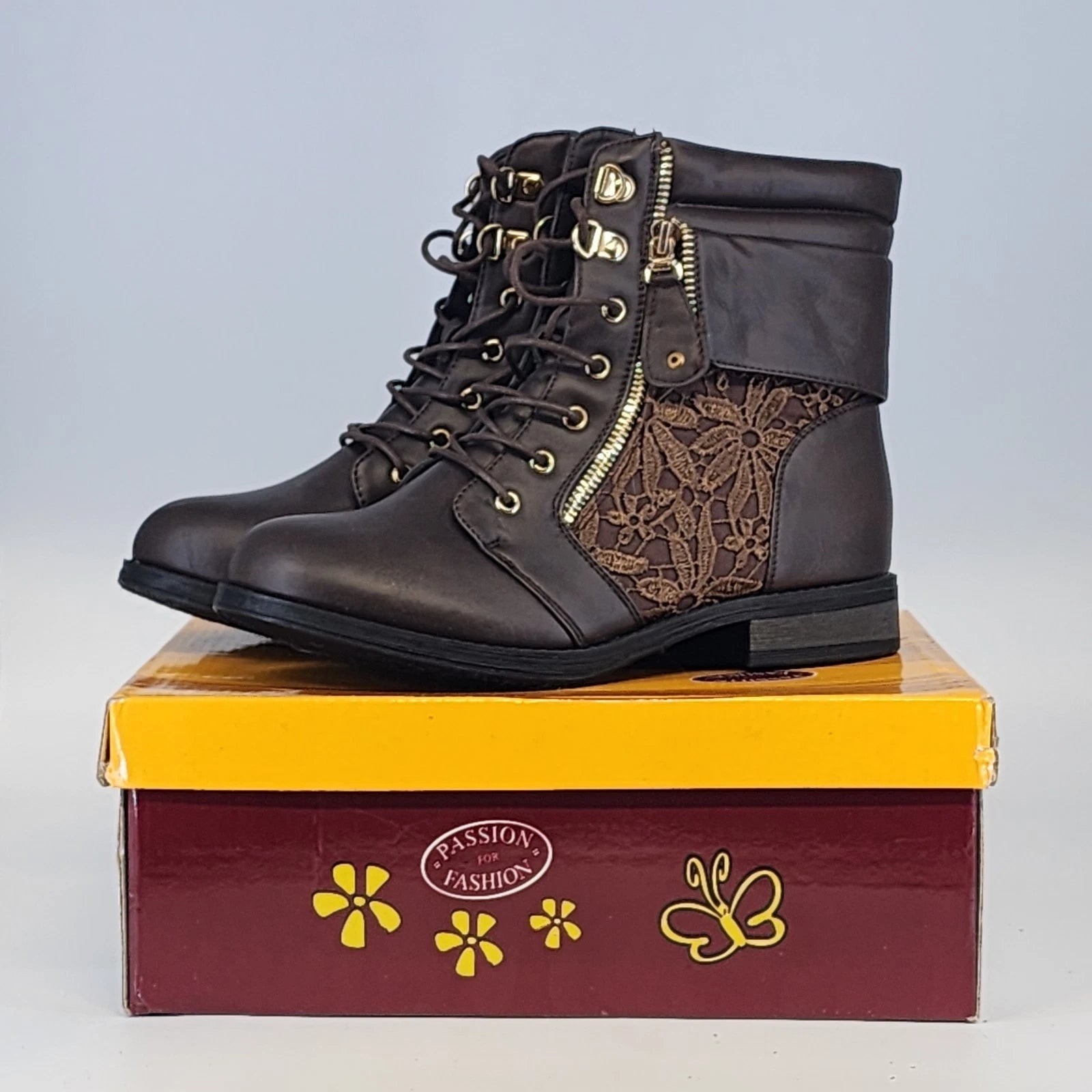 Brown Forever Link Sevilla-66 combat boots with lace panels and side zipper