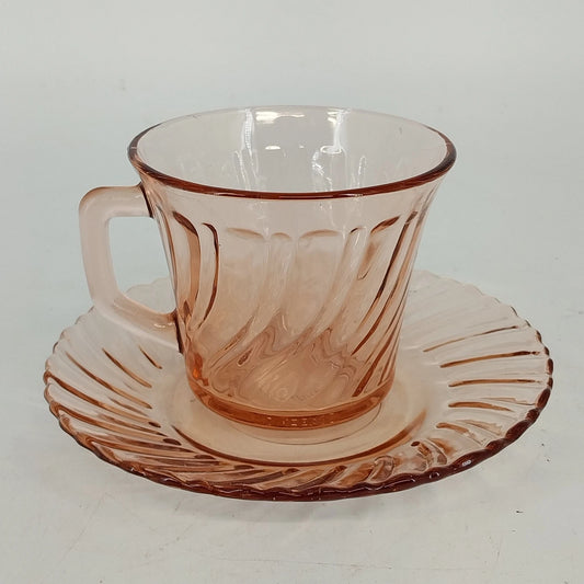 Vintage Fortecrisa pink swirl ribbed glass cup and saucer set