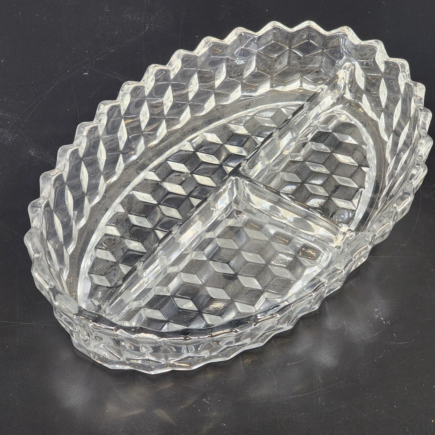 Vintage Fostoria American clear glass 3 part relish dish with cube pattern
