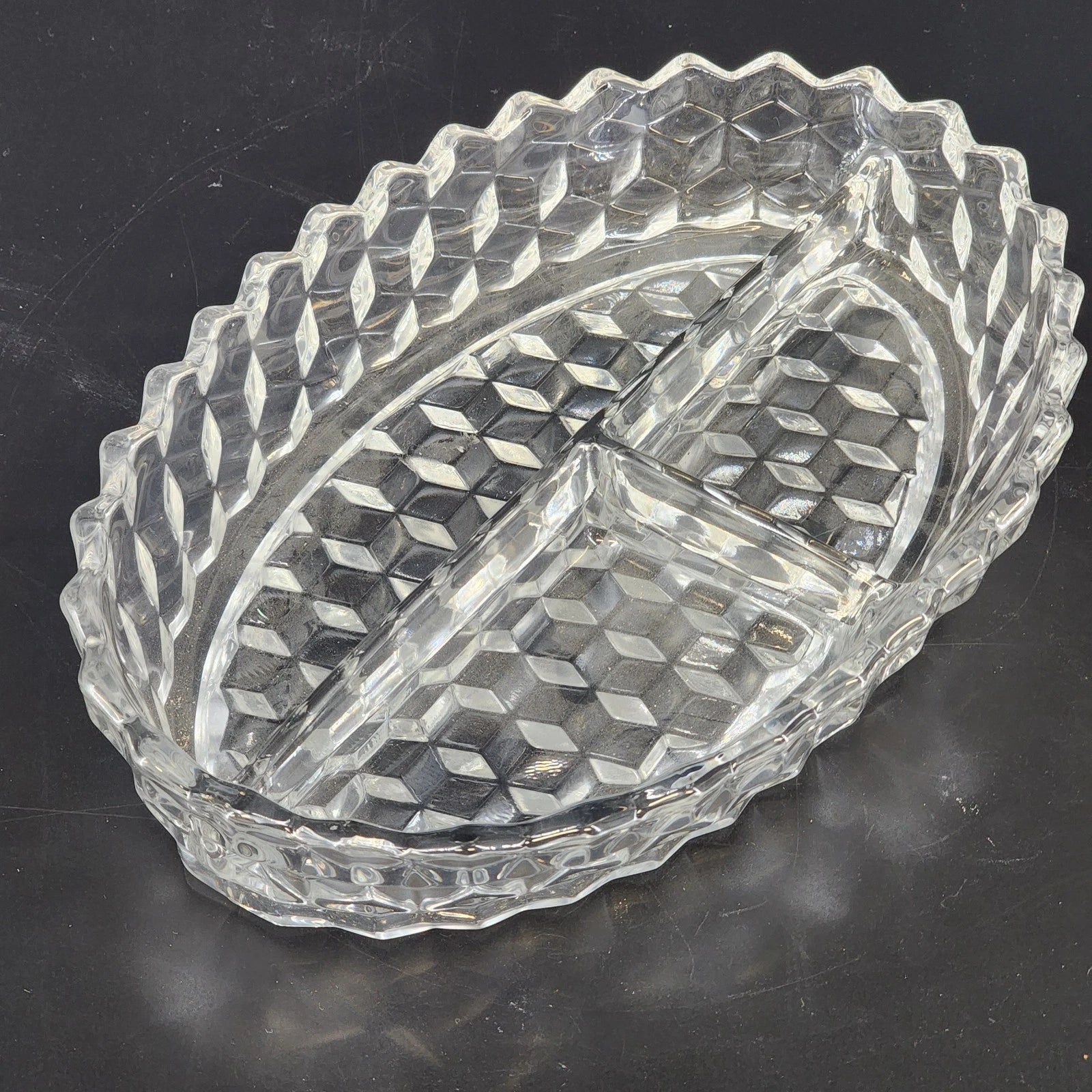 Vintage Fostoria American clear glass 3 part relish dish with cube pattern