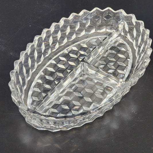 Vintage Fostoria American clear glass 3 part relish dish with cube pattern