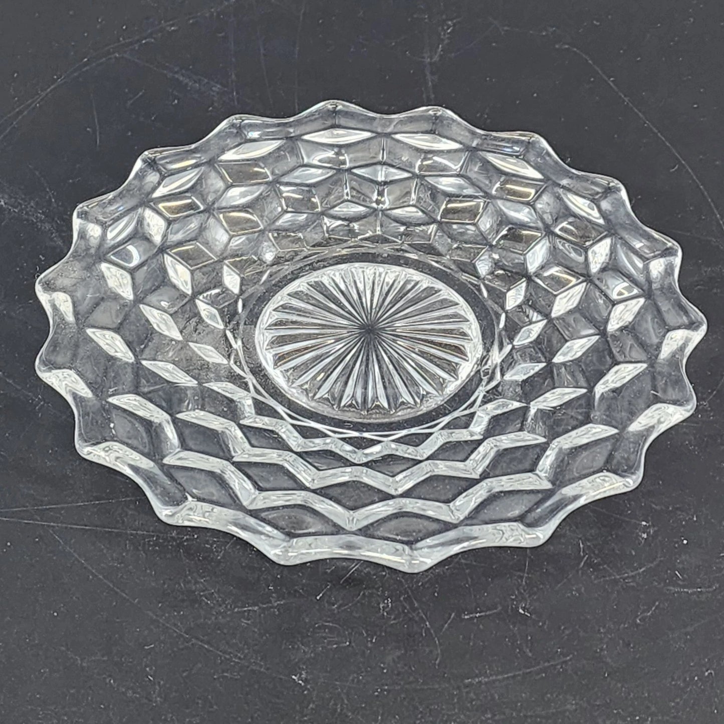 Fostoria American clear glass salad plate with cubist starburst design