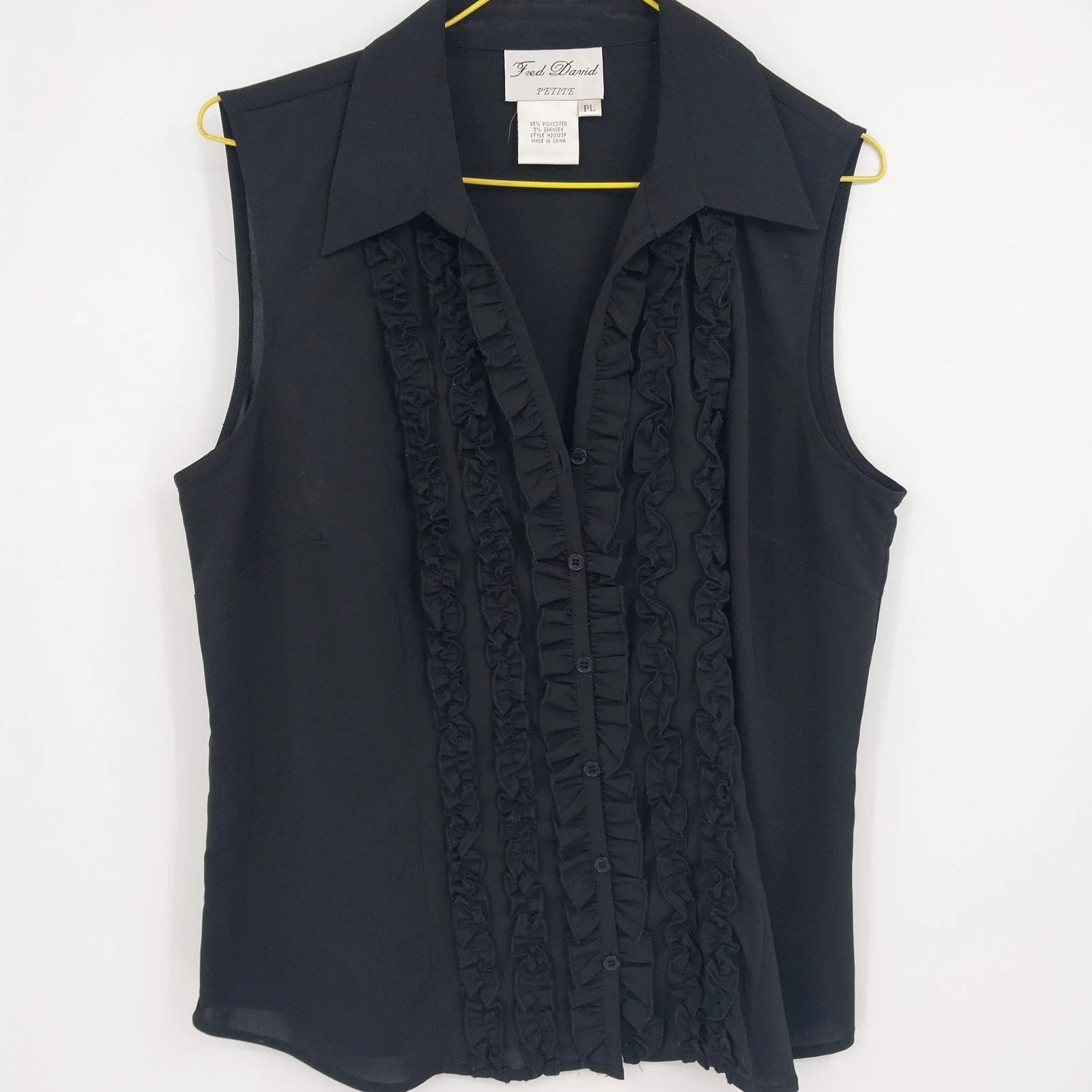 Fred David women's black sleeveless ruffle front button blouse Petite Large