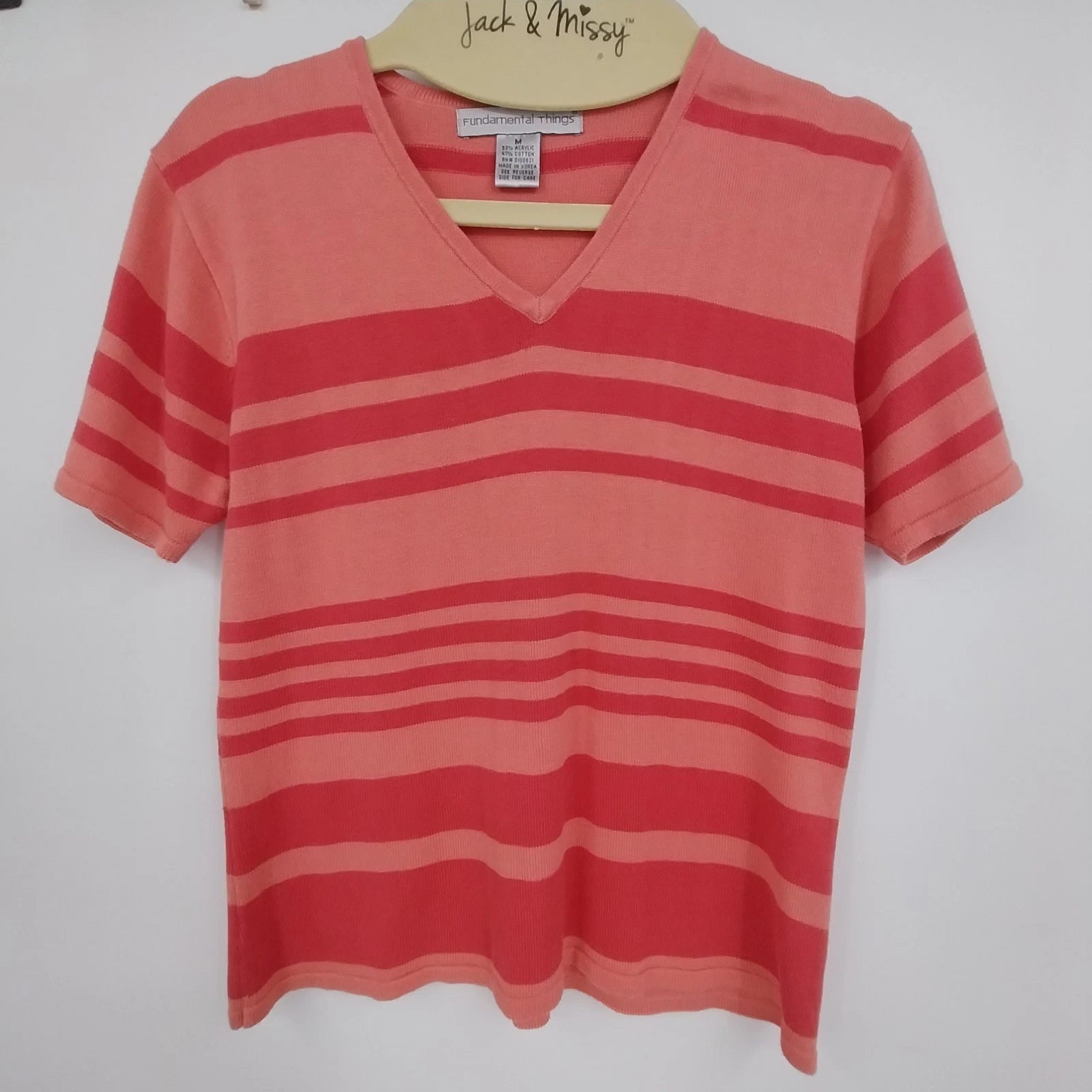 Fundamental Things coral pink striped V neck top for women