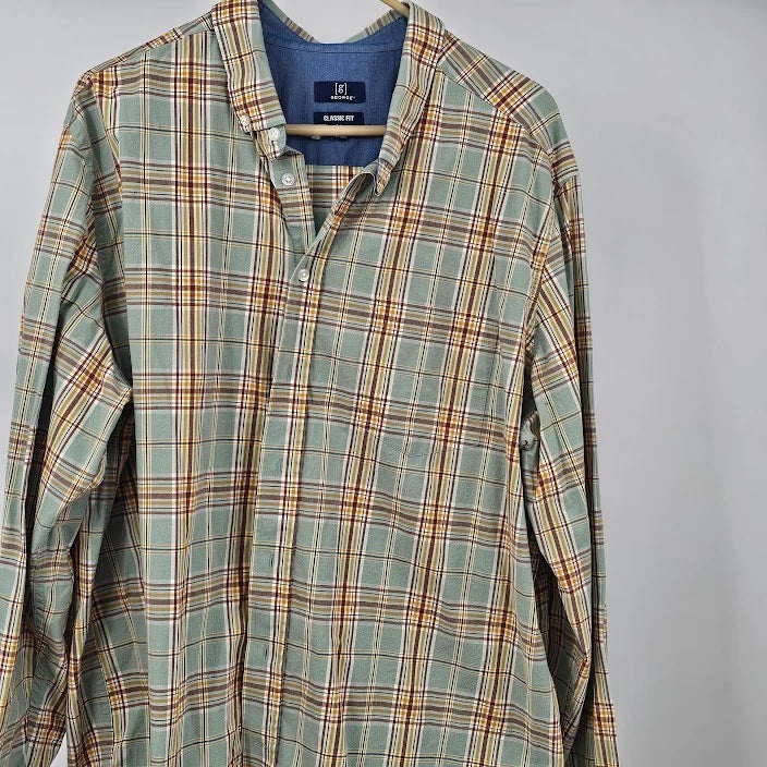 George Men's 2XL Green Brown Checked Button Up Shirt Classic Fit