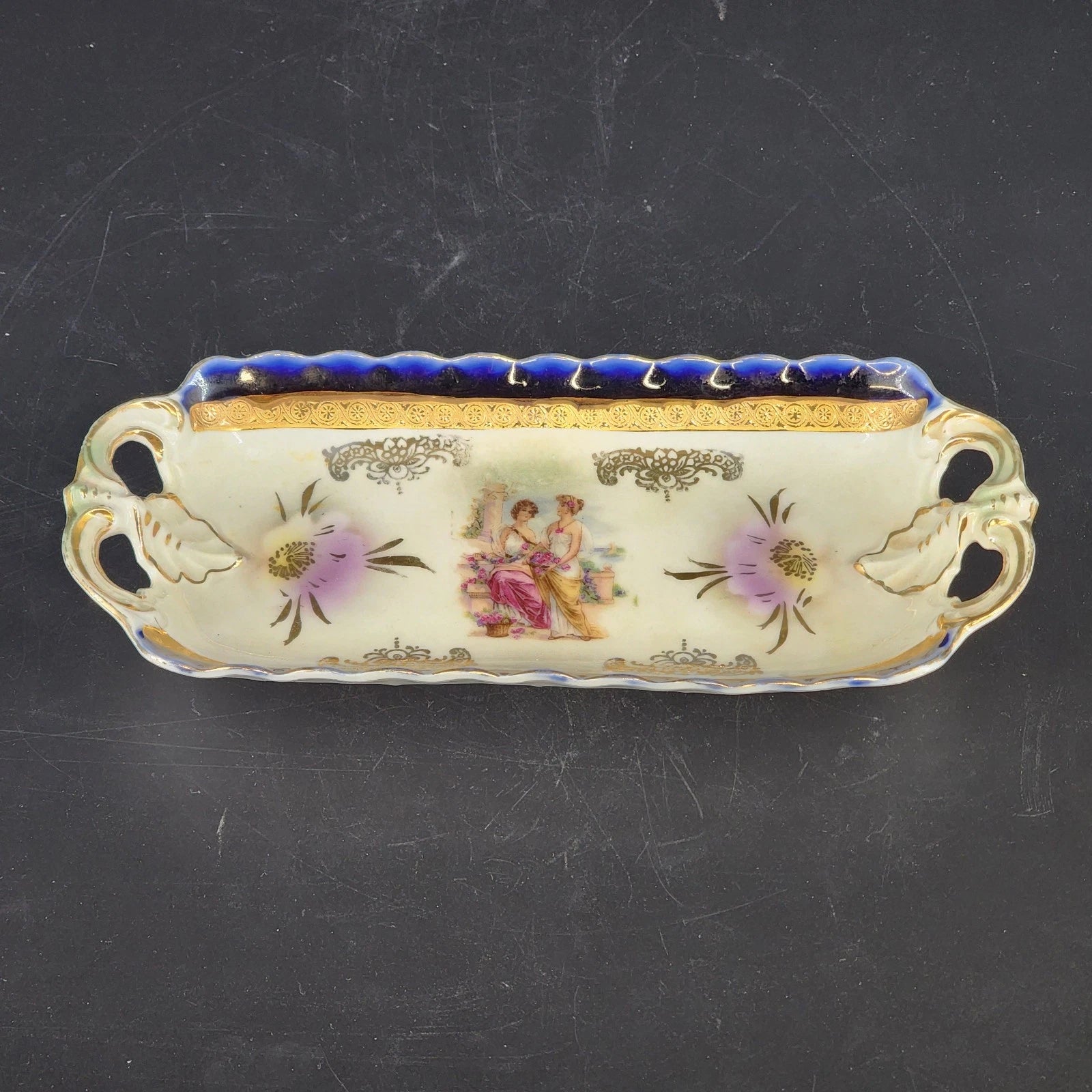 antique german porcelain celery tray cobalt blue gold roman scene