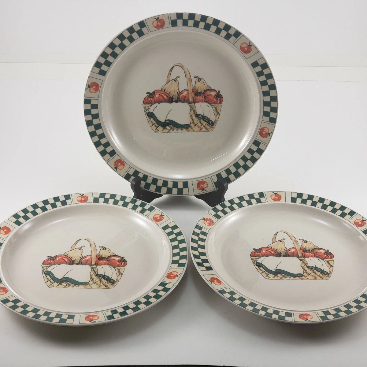 3 Gibson Welcome Home stoneware dinner plates with fruit basket design