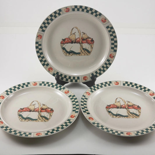 3 Gibson Welcome Home stoneware dinner plates with fruit basket design