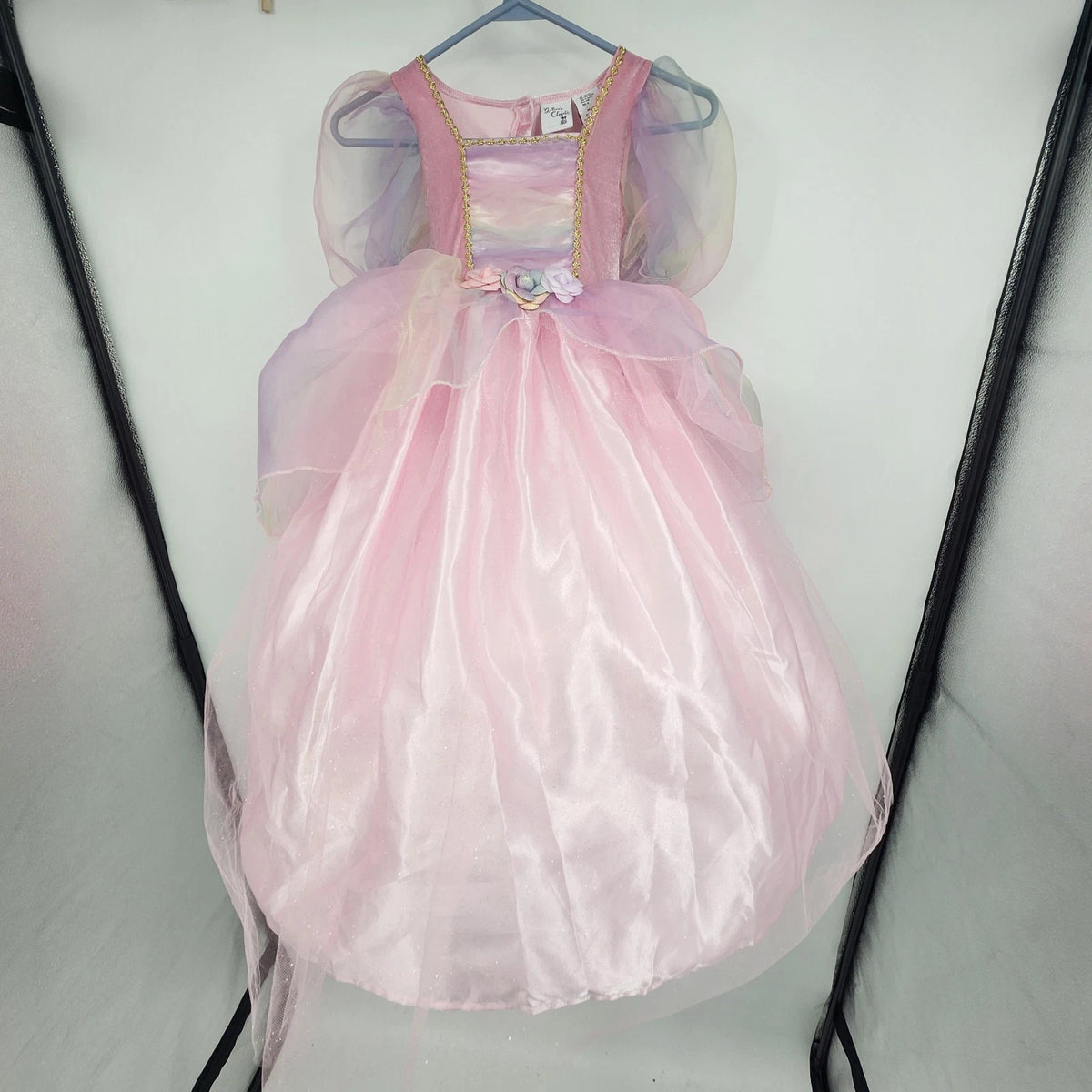 Pink girls princess costume dress with gold trim and floral waist