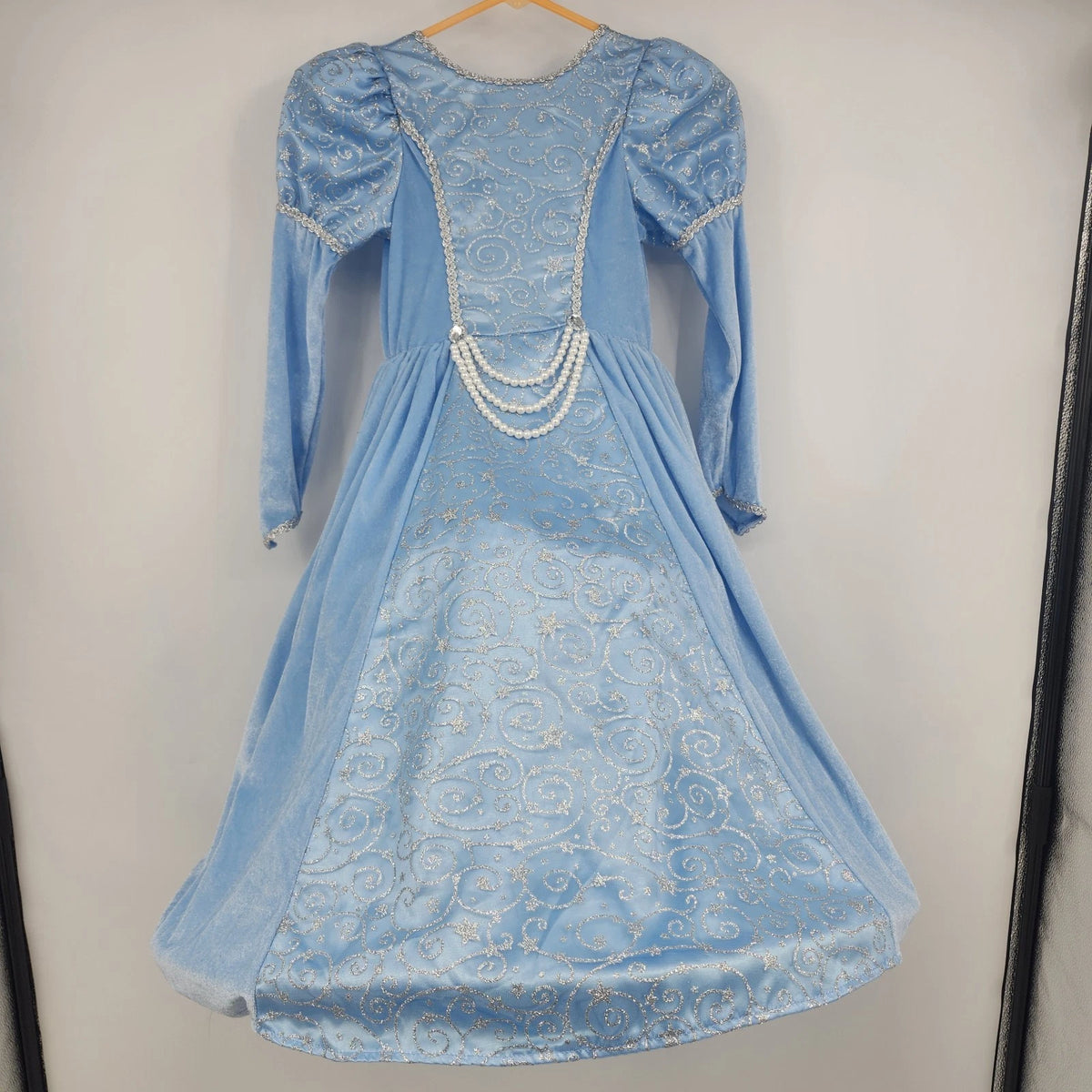 Girls blue velour princess costume dress with silver glitter details