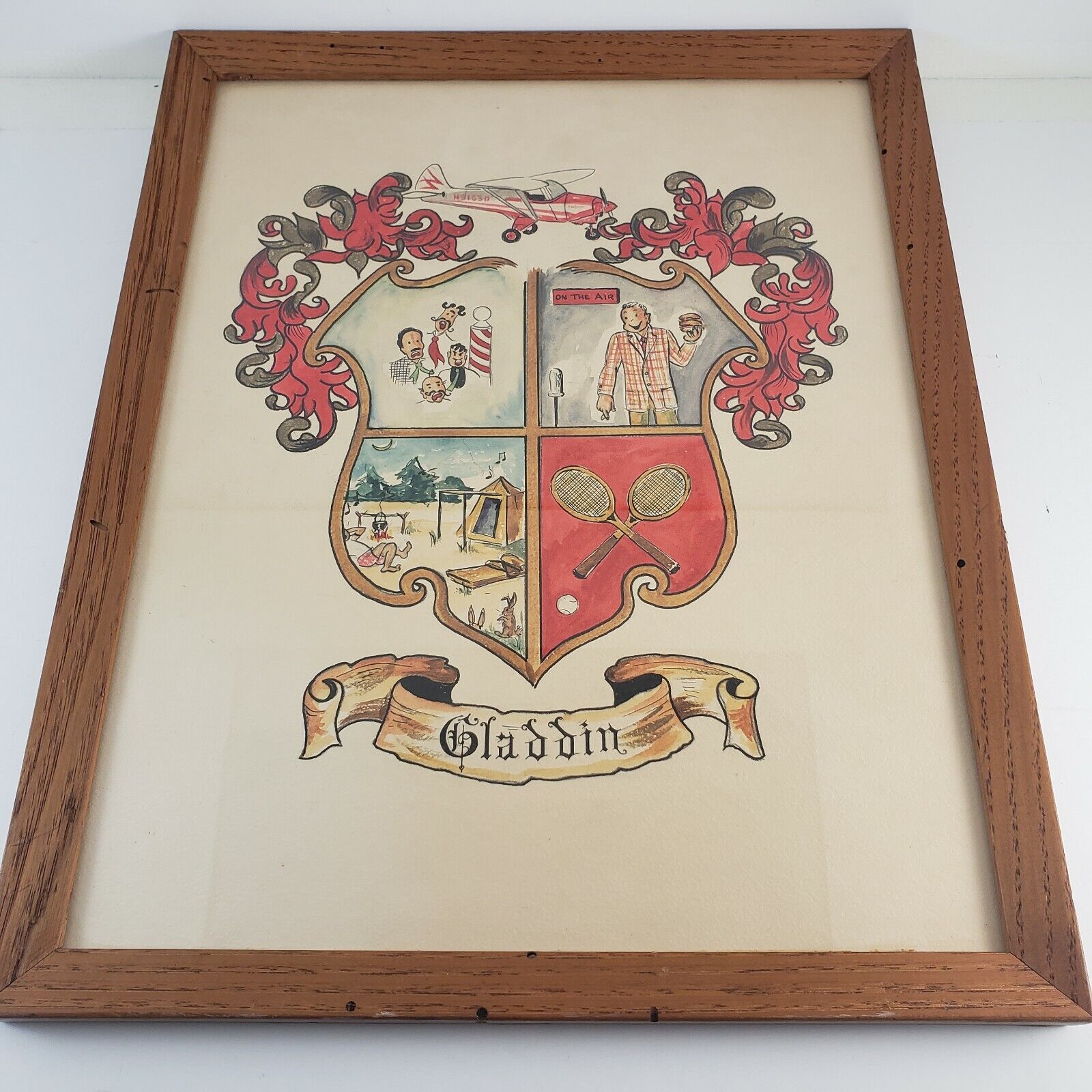 Gladdin family crest coat of arms framed vintage