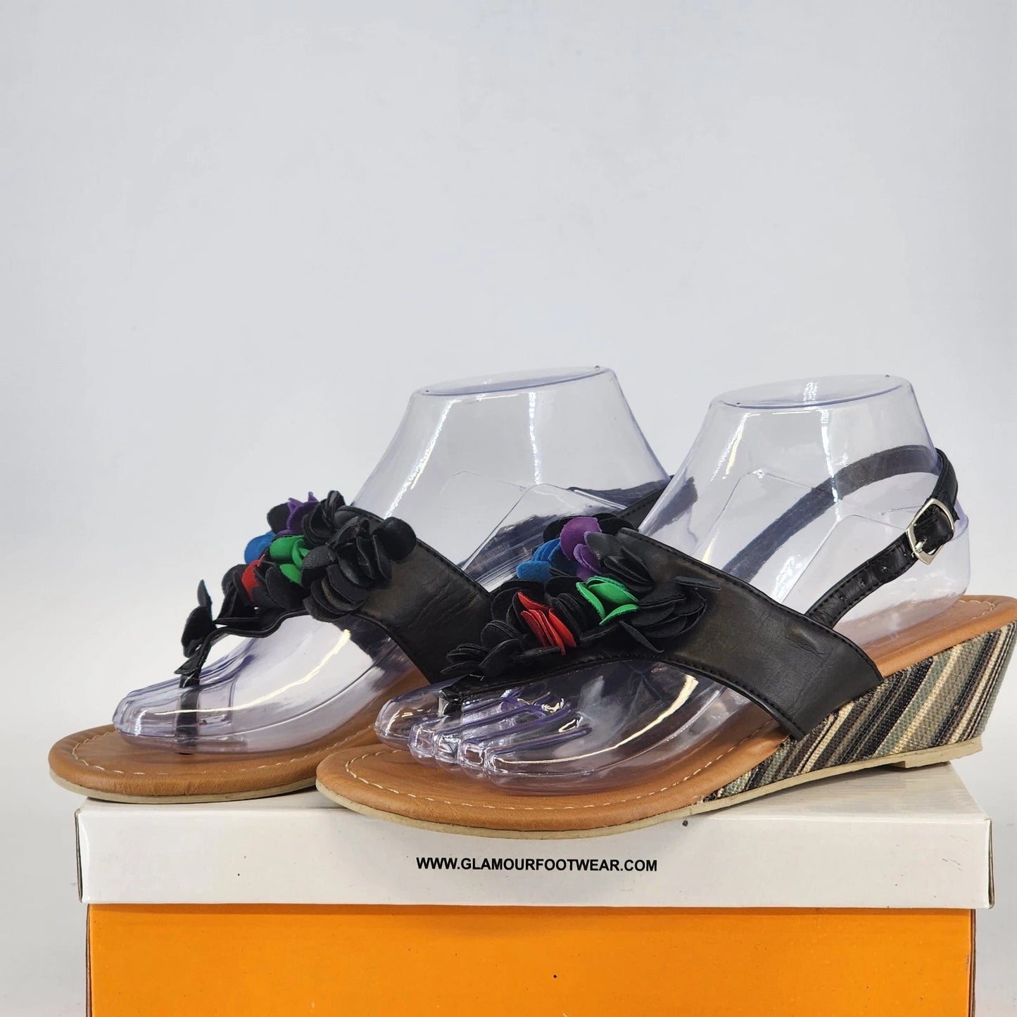 Glamour Original women's black platform wedge sandals with multicolor floral embellishments