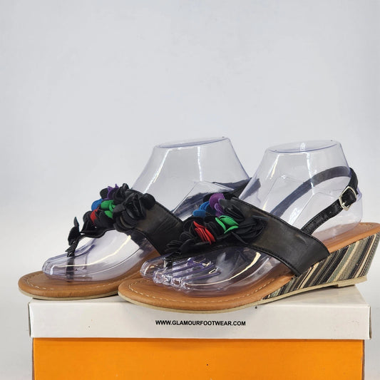 Glamour Original women's black platform wedge sandals with multicolor floral embellishments